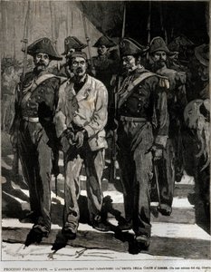 1878'de Napoli'de İtalyan kralı I. Umberto'ya (Humbert I) saldırıyı gerçekleştiren Giovanni Passannante'nin (1849-1910) tutuklanması. Bu olay şair Giovanni Pascoli'ye (1855-1912) bir Gazel'inde ilham kaynağı oldu. 19. yüzyıl gravürü by Italian School