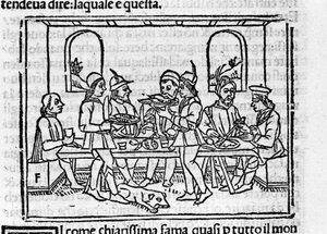 Floransalı soyluların huzurunda ziyafet sahnesi. Giovanni Boccaccio dit Jean Boccace (1313-1375), İtalyan yazar tarafından “Decameron” için illüstrasyon. Gravür “” Decamerone ouer Cento nouelle”” Venedik, Bartolomeo de 