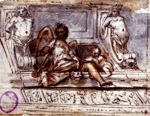 Muse of Music ile Tavan Tasarımı, c.1700 (kağıt üzerine suluboya ile kalem ve mürekkep) by Italian School