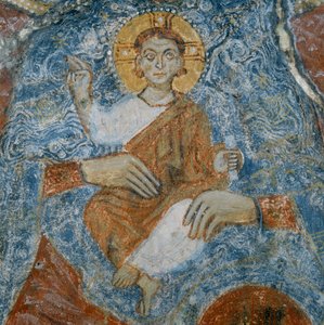 İsa, melekler Raffael ve Gabriel ile Madonna ve Çocuk fresk detayı by Italian School