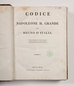 İtalya krallığı için Büyük Napolyon Yasası, başlık sayfasında açık, yayınlanmış Milan, dalla reale Stamperia, 1806 (basılı kağıt) by Italian School