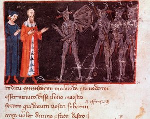 Dante ve Virgil, Malebranche filolarının lideri Malacoda ile konuşuyor (İlahi Komedya