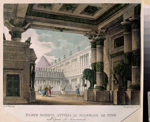 Christoph Gluck (1714-1787) tarafından La Semiramide riconosciuta operası için dekor (Ch. Gluck tarafından La Semiramide operası için sahne tasarımı). Renkli taş baskı, anonim, yaklaşık 1790. İtalyan sanatı, tiyatro dekoru. Devlet Tiyatro ve Müzik Sanatlar by Italian School