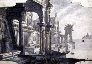 Sahne Seti Tasarımı, c.1750 (kağıt üzerine kalem ve mürekkep ve sulu boya) by Italian School