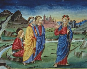 Fol.103v Biçim Değiştirmeden Sonra Mesih havarilere bunu Diriliş sonrasına kadar açıklamamalarını söyler (parşömen) (detay) by Italian School