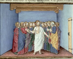 Fol.135v İsa Yargıçlardan Korkup Tek Bir Çatı Altında Toplanan Havarilere Görünüyor (parşömen) by Italian School