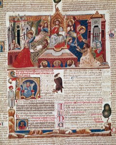 1140 tarihli ve Roma Katolik Kilisesi kanunlarını ve kanunlarını düzenleyen “Decret de Gratien” (“Concordia discordantium canonum” veya “Decretum Gratiani”) el yazmasının ön sayfası. 14. yüzyıl Siena, Biblioteca degli Intronati by Italian School