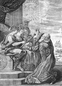 Galileo, gökbilimci (1564 - 1642) teleskopu üç lütuf sunar. Sağ eliyle, kendisi tarafından keşfedilen ve Medici ailesine adanan uydularıyla Jüpiter gezegenini gösterir. Frontispice de “”Opere di Galileo”” Bologna by Italian School