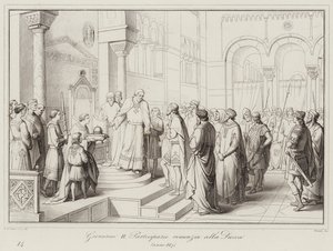 Giovanni II Partecipazio, Dükalığı terk ediyor, 887 (gravür) by Italian School