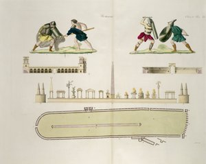 Gladyatörler ve Caracalla sirkinin bir planı, plaka 23A, Milletler Tarihinin I. Kısmından 5. sınıf, A. Nani (aquatint) tarafından oyulmuş by Italian School