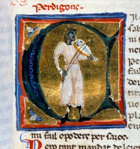 Tarihçi mektubu (harf A). Yaşlı adamı oynayan Perdigon Troubadour. Perdigon tarafından yazılan ve Atelier of Venice-Padua tarafından kopyalanan “” Chansonnier provencal” (Folio 36) adlı el yazmasından alınan minyatür by Italian School