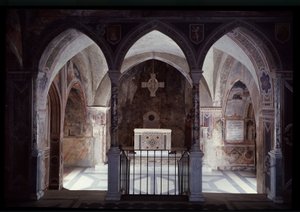 Presbytery ve sunağın iç görünümü, st Benedict mağarası (sacro speco) Subiaco by Italian School