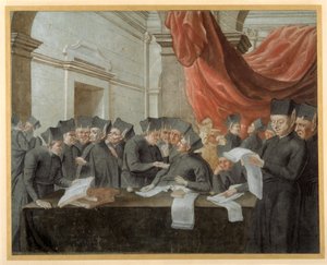 Cizvitler toplantıda hesaplar üzerinde tartışıyorlar (kağıt üzerine suluboya ile kalem ve mürekkep) by Italian School