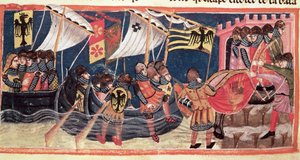 Julius Caesar (MÖ 100-44), Gaius Suetonius Tranquillus tarafından Le Vite di Dodici Cesari'den İngiltere'ye iniş (c.75-150) by Italian School