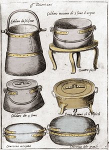 Mutfak Gereçleri: Tencere, çömlek, kazan çeşitlerini temsil eden tabak. Papa Pius V. Venedik'in kişisel aşçısı Bartolomeo Scappi'nin 6 bölüme ayrılmış gastronomi kitabı “Opera”dan gravür by Italian School