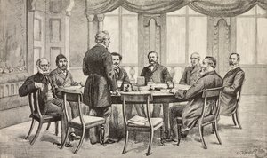 Mısır üzerine Londra konferansı, Birleşik Krallık: Kont Munster, Musurus Pasha, Granville (ayakta), Count Nigra, Waddington, De Staal, Childers, Count Karolyi, Edoardo Ximenes