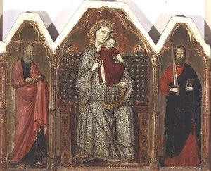 Madonna ve Çocuk Enthroned, SS ile. John the Evangelist ve Paul, Riminese Okulu (üç parçalı panel) by Italian School