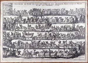 Maskeli balo: karnaval vesilesiyle insan maskelerinin alayı ve dansı. Milan 20/02/1764 18. yüzyıl gravürü by Italian School