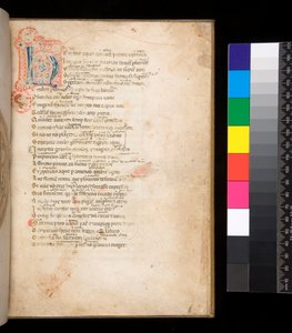 Ms 315. Horace, Ars Poetica ve Epistulae, f.1r. Mavi ve kırmızı bebek bezi dolgulu ve çevreleyen kırmızı renkli kalem işi ile dekore edilmiş başlangıç [N] by Italian School