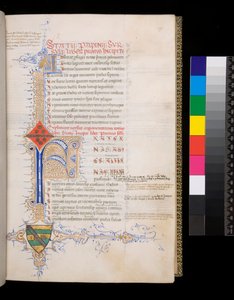 Ms 329. Statius, Thebaid, f.19r. Incipit için ayrılmış süslemeli mavi ışıklı ilk [F] ve argümanum için altın küçük başlangıç [A] ve L şeklinde bir yaprak sapı oluşturmak üzere uzanan altın ve mavinin karmaşık kontrastlı kalem süslemesi by Italian School