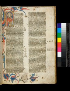 Bayan 370. Orosius, Historiarum Adversum Paganos Libri Septem, f.2r. Bir piskopos gibi giyinmiş yazarın portresi ve yaprak motifli kısmi bordür, Bologna veya Padua by Italian School