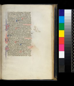 Ms 373. Sözde Cicero, Rhetorica ad Herennium ve diğer eserler, f.50r. Kenarda, diz çökmüş yalınayak bir keşişi temsil eden kalem işlemeli baş harfler ve kalem işi süsleme, c.1337 by Italian School