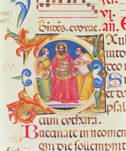 Ms. 559 f.155v Paolo Soldini tarafından aydınlatılan Santa Maria Novella Mezmurundan Kral Davud ve iki meleği betimleyen tarihi ilk O (fl.1342-86) 1379 by Italian School