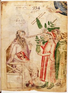 Ms Lat 6823 fol.1 Bilinmeyen bir adama bitki sunan erkekler, Manfredus de Monte Imperiali tarafından De Herbis by Italian School
