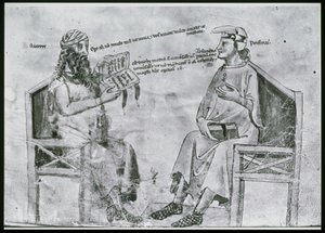 Ms Lat 6823 fol.2 Averroes (1126-98) içinde Porphyry ile Konuşma (c.232-c.305) (kalem ve mürekkep ve kağıt üzerinde yıkayın) by Italian School