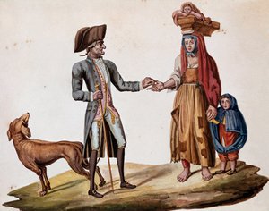 Eski Napoliten ölçüleri: bir asil bir palmiyeye bozuk para verir - (Eski Napoliten esnaf: zengin bir adam fakir bir hikaye anlatıcısına para verir) 19. yüzyılın suluboyası - Napoli Museo Nazionale di San Martino by Italian School