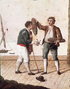 Eski Napoliten ölçüleri: küçük yılan satıcıları - (Eski Napoli esnafı: çim yılanları satıcısı) 19. yüzyılın suluboya - Napoli Museo Nazionale di San Martino by Italian School