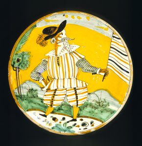 Bir erkek figürü tasvir eden levha, Monte Lupo Atölyesi (sırlı ve boyalı kil) by Italian School