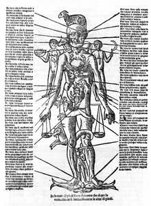 Tüm organların konumu ve astrolojik etkileriyle bunlara karşılık gelen zodyak işaretleri ile bir insan vücudunu temsil eden levha. Plage "" Recetoro di Galeno optio e probato a tutte le infirmita che accadeno a huomini e a donne di d