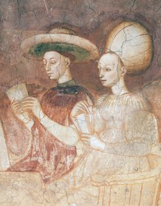 Tarot kartlarıyla oynamak, Oyunlar döngüsünden bir sahne, yaklaşık 1445-1450, fresk, Palazzo Borromeo, Milano, Lombardiya, Ayrıntı, İtalya by Italian School