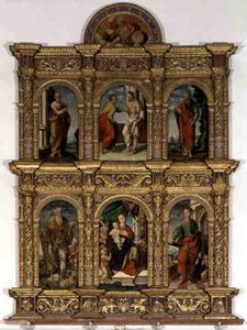 Madonna ve Çocuğu azizlerle gösteren poliptik (panelde yağlı boya) by Italian School