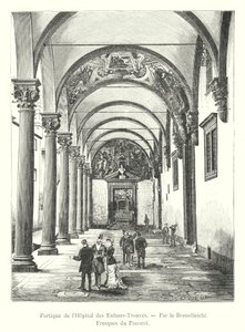 Foundling Hastanesi Portiko, Brunelleschi tarafından, Poccetti tarafından freskler (gravür) by Italian School