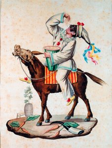 Pulcinella (Polichinelle) karakteri, commedia dell'arte, eşek üzerinde maccheroni yiyor 19. yüzyılın anonim suluboyası. Roma Ulusal Makarna Müzesi, Agnesi Vakfı by Italian School