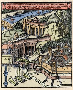 Bir su kemerinin temsili. Vitruva (MÖ 1. yy) tarafından “” De Architectura”dan renkli gravür - Gottardo da Ponte baskısı, Come by Italian School