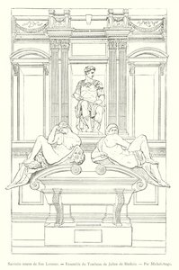 San Lorenzo'nun Yeni Sacristy'si, Giuliano de Medici'nin Mezarı Topluluğu, Michelangelo tarafından (gravür) by Italian School