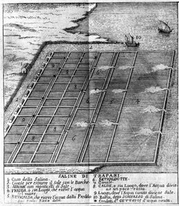 Trapani'deki tuz bataklığı. Arcangelo Leanti, Palermo 1761 tarafından “Mevcut Sicilya Devleti”nden alınan resimli pano by Italian School