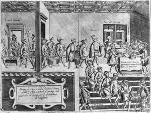 Bir toplantı sırasında kardinallerin servisi. Papa Pius V. Venedik