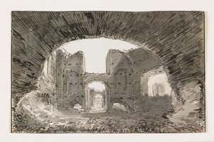 Caracalla Hamamları taslağı, 19. yüzyılın başlarında (siyah tebeşir üzerine gri astarlı kalem ve kahverengi mürekkep) by Italian School