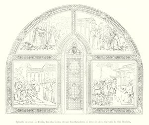 Spinello Aretino, Totila, Gotların Kralı, San Benedetto'nun önünde, San Miniato Sacristy'nin doğu tarafı (gravür) by Italian School