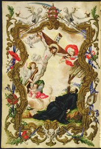 Dindarların ölümü, Buona Morte'nin laik loncasının bir Mariegola'sından, c.1712-14 (parşömen üzerine mürekkep) by Italian School