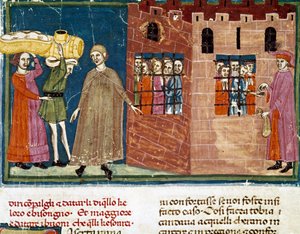 Mahkumlara yemek dağıtımı Florentine okulunun minyatürü, Sör Zucchero Bencivenni (MS.II.VI 16) tarafından “Pater noster”ın ek baskısından alınmıştır. 14. yüzyılın başında Floransa, milli kütüphane by Italian School
