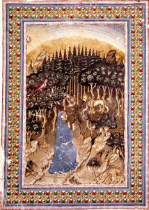 Şair Dante kendini karanlık bir ormanda bulur. Cehennemin ilk şarkısının ışıklı sayfası Dante Alighieri