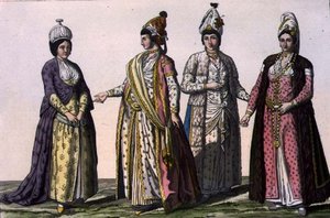 Üç kadın (LtoR) kış, ilkbahar ve yaz modası ve biri hamilelik modası, V. Raineri (aquatint) tarafından oyulmuş 