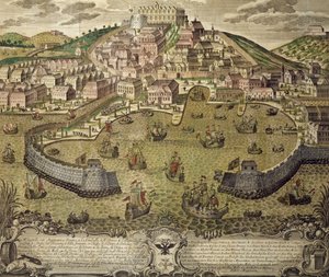 Trieste şehri ve serbest limanı, renkli gravür, İtalya by Italian School