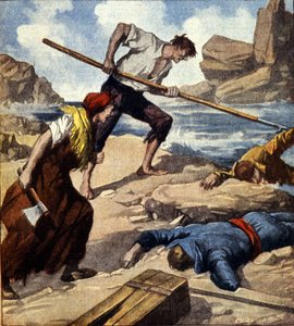 İki gemi enkazı (korsanlar) tekneyi kayaya çektikten sonra mürettebatı yağmaladı. İtalyan illüstrasyon. by Italian School