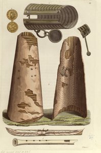 Çeşitli Viking eserleri: bronz bilezik, runik alfabeli altın madalya, kalkanlar, flütler. J. Ferrario, Milano, c. 1820 (renkli lito) by Italian School